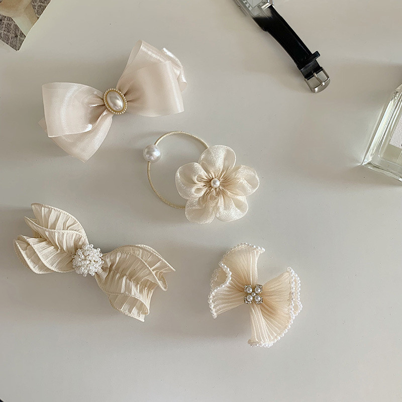 Elegáns sifon csípős hajtűcsavarok női gyöngyvirág rugalmas hajgumik Korea divatos fejdísz hajkiegészítők