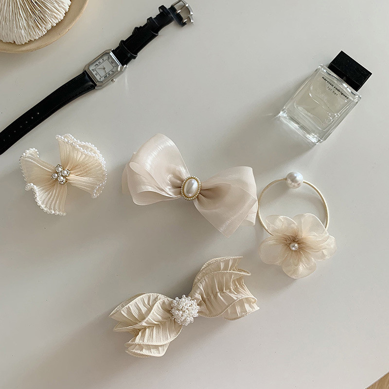 Elegáns sifon csípős hajtűcsavarok női gyöngyvirág rugalmas hajgumik Korea divatos fejdísz hajkiegészítők