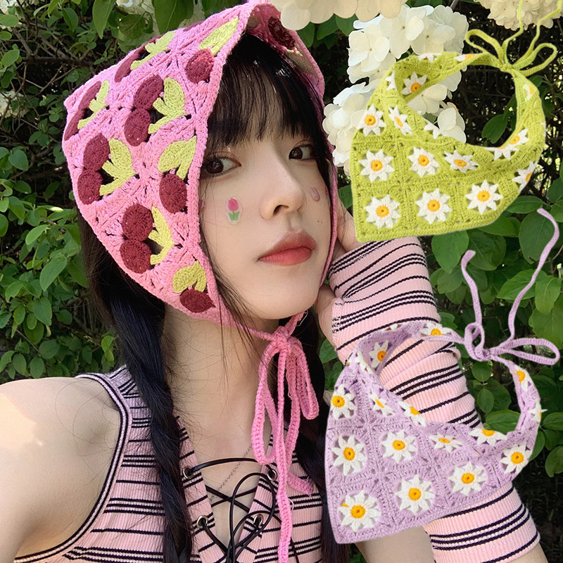 Bandane de păr cu flori pentru femei Y2K Bandane triunghiulare din croșetat Bențite de păr elastice Bentite de turban Accesorii pentru păr de toamnă