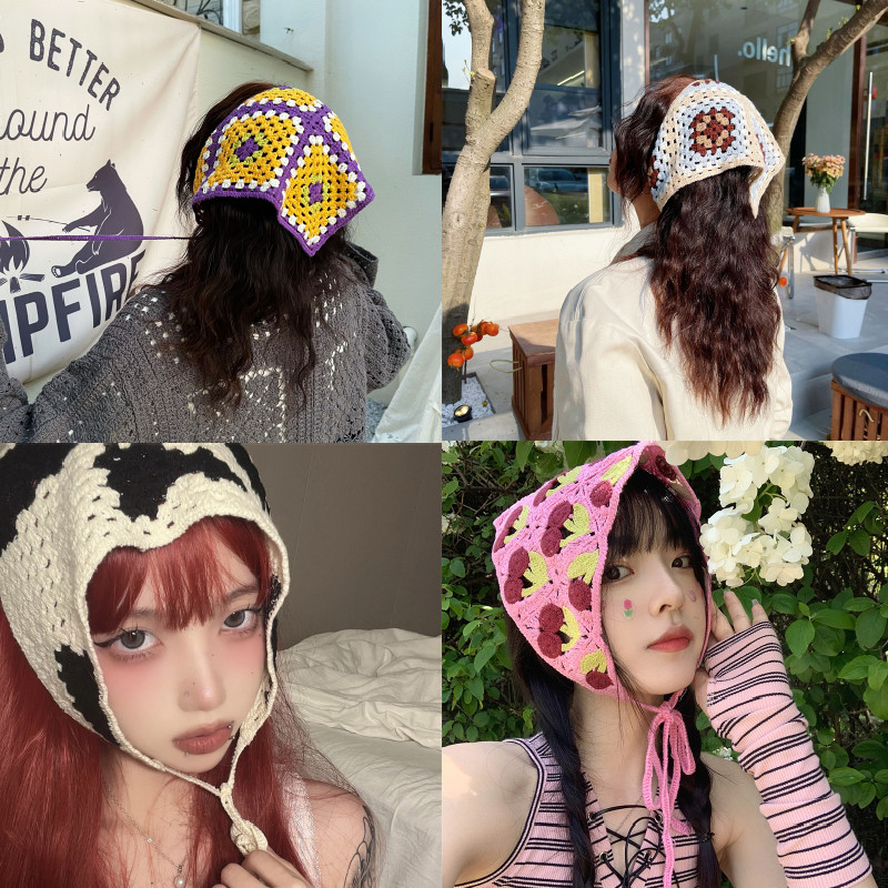 Bandane de păr cu flori pentru femei Y2K Bandane triunghiulare din croșetat Bențite de păr elastice Bentite de turban Accesorii pentru păr de toamnă