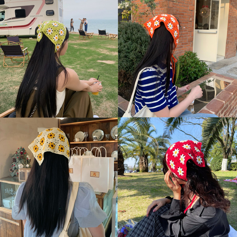 Bandane de păr cu flori pentru femei Y2K Bandane triunghiulare din croșetat Bențite de păr elastice Bentite de turban Accesorii pentru păr de toamnă
