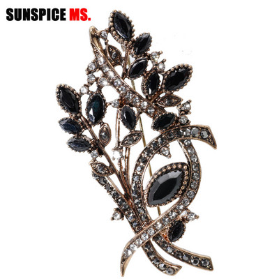 SUNSPICEMS Broșă cu flori de piatră, neagră, gri, pentru femei, de culoare aurie antică, ace Boemia, eșarfă, rever, broșă, bijuterii, panglică, ornament