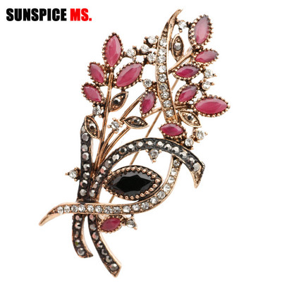 SUNSPICEMS Crno sivi kameni cvjetni broš za žene Staro zlatna boja Bohemija igle Šal rever Broš Nakit Vrpca Ornament