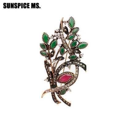 SUNSPICEMS Crno sivi kameni cvjetni broš za žene Staro zlatna boja Bohemija igle Šal rever Broš Nakit Vrpca Ornament