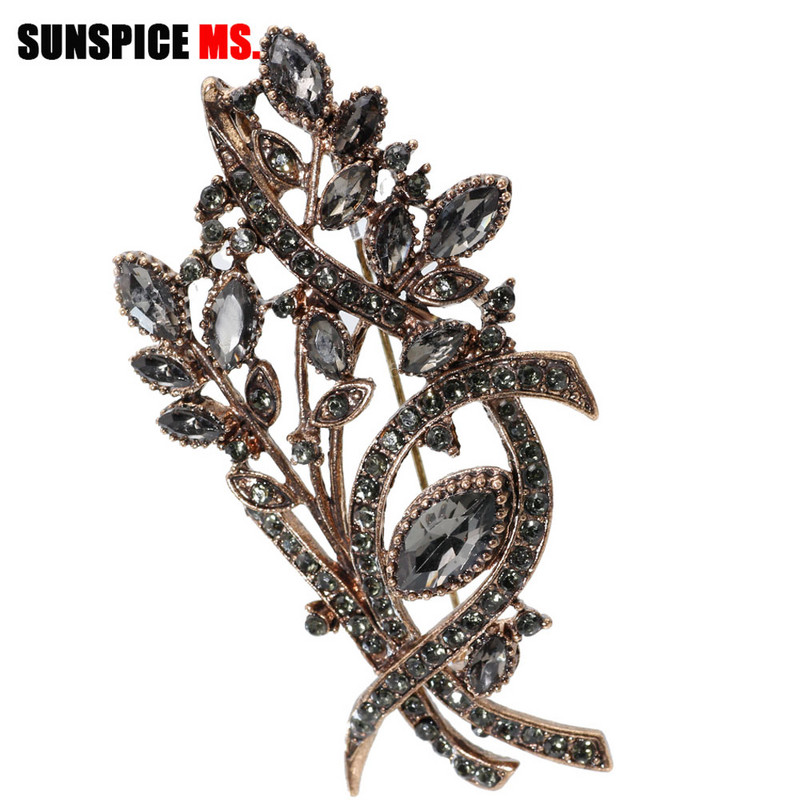 SUNSPICEMS Crno sivi kameni cvjetni broš za žene Staro zlatna boja Bohemija igle Šal rever Broš Nakit Vrpca Ornament