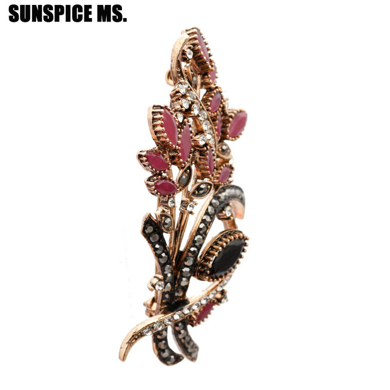 SUNSPICEMS Crno sivi kameni cvjetni broš za žene Staro zlatna boja Bohemija igle Šal rever Broš Nakit Vrpca Ornament