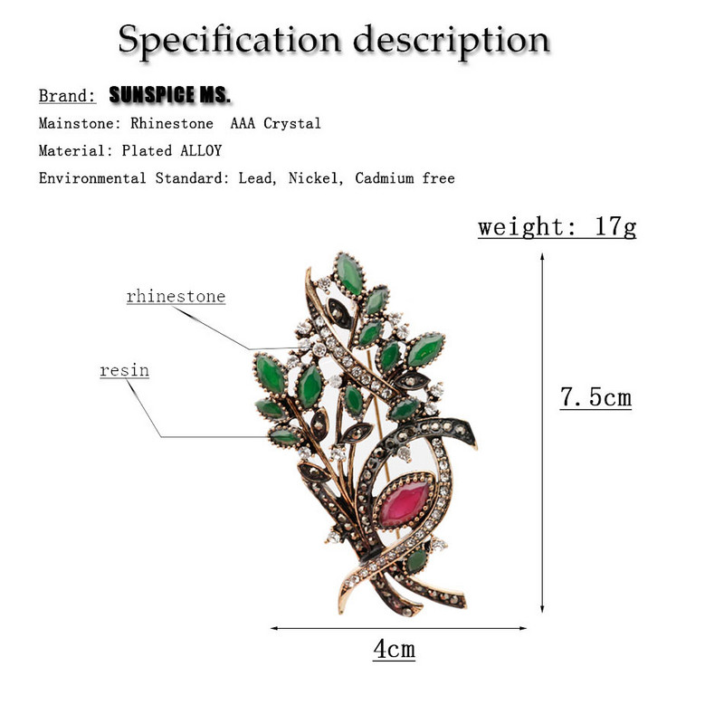 SUNSPICEMS Crno sivi kameni cvjetni broš za žene Staro zlatna boja Bohemija igle Šal rever Broš Nakit Vrpca Ornament