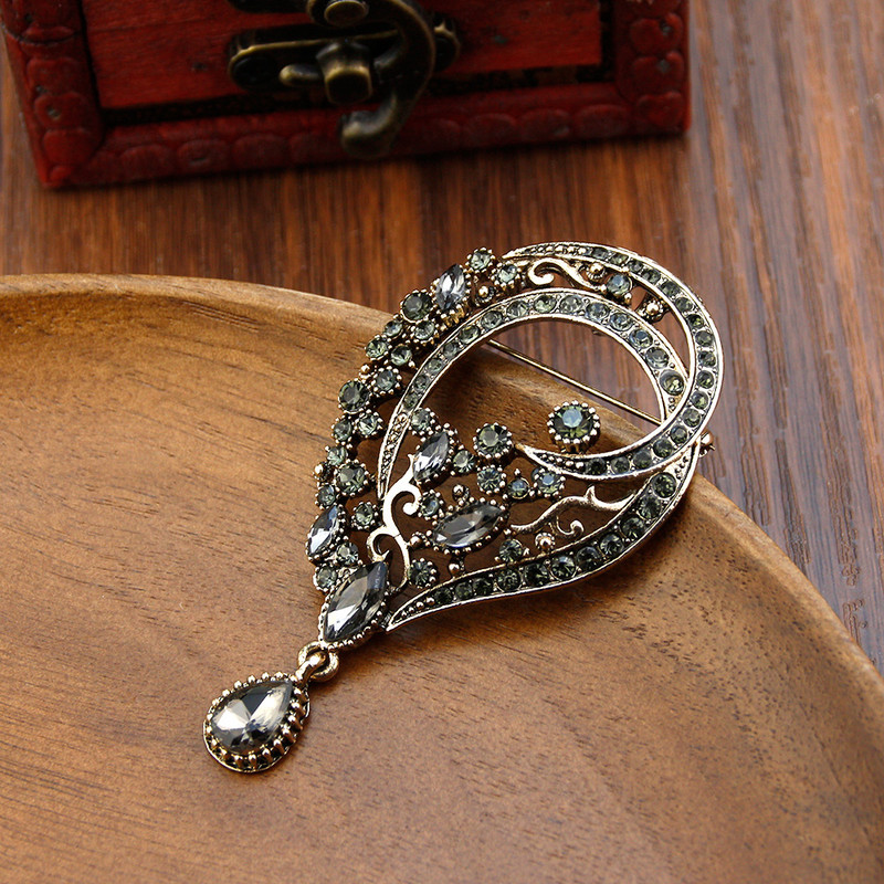 Suns[icems Vintage Turski broš Bohemija cvijet Ženski broš Igle za revere Sivi kristal Antikna zlatna boja Indijski poklon za mladenku