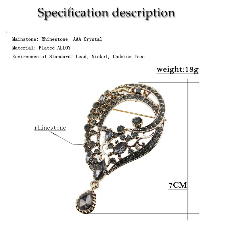 Suns[icems Vintage Turski broš Bohemija cvijet Ženski broš Igle za revere Sivi kristal Antikna zlatna boja Indijski poklon za mladenku