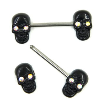 ΖΕΥΓΟΣ Surgical Steel CZ Crystal Black Skull Θηλή Barbell Piercing Rings Shield Body Jewelry 14g