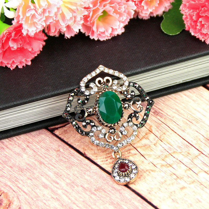 Sunspicems Broșă din rășină turcească de epocă, broșă de cristal pentru femei, de culoare aurie antică, hijab, boemia, ace de rever, bijuterii, cadou pentru copii