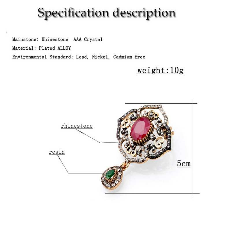 Sunspicems Broșă din rășină turcească de epocă, broșă de cristal pentru femei, de culoare aurie antică, hijab, boemia, ace de rever, bijuterii, cadou pentru copii