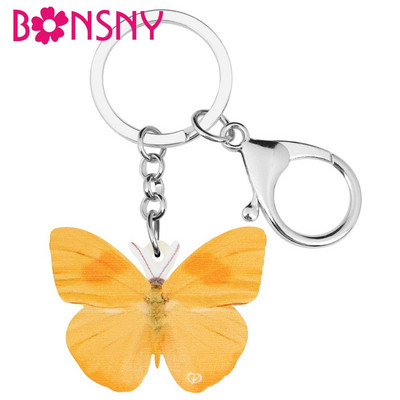 Bonsny Акрилни жълти ключодържатели с пеперуди Ключодържател Ключодържател с насекоми Животни Бижута за жени Детска мода Чанта за подаръци Аксесоари