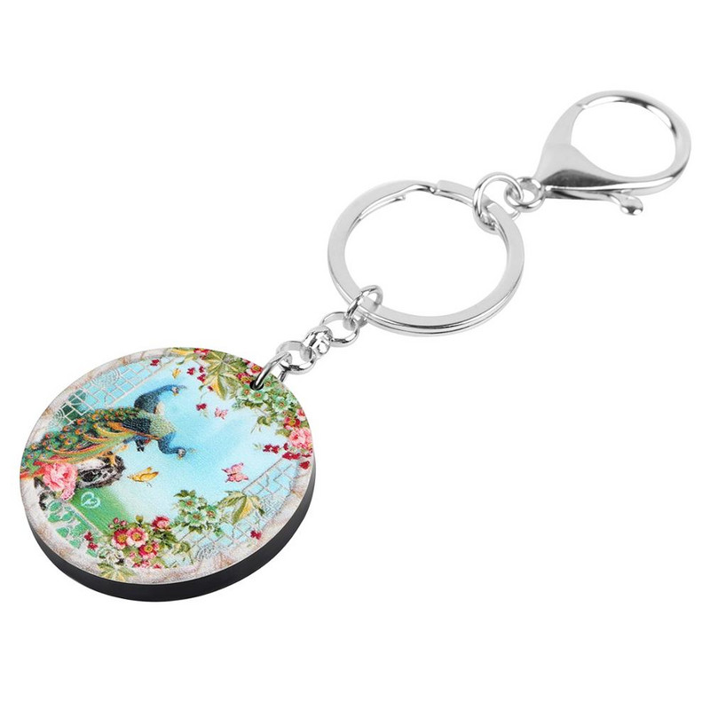 Bonsny Akrilni okrugli cvijet leptir paun privjesci za ključeve velika životinja privjesak za ključeve nakit za žene djevojke šarm festivalski darovi