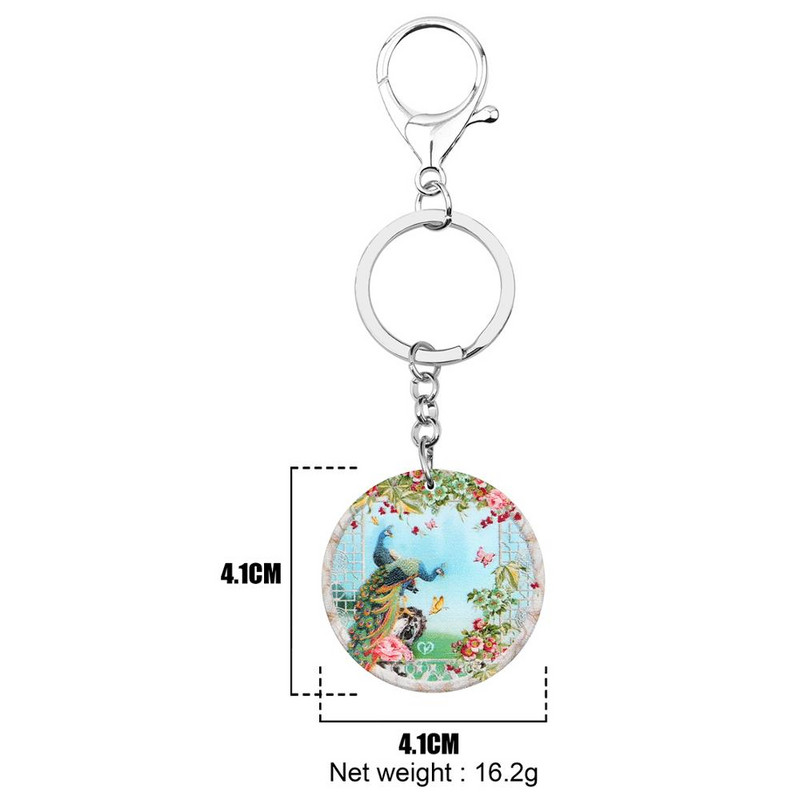 Bonsny Akrilni okrugli cvijet leptir paun privjesci za ključeve velika životinja privjesak za ključeve nakit za žene djevojke šarm festivalski darovi