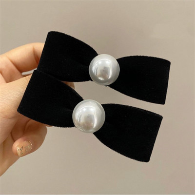 Agrafă de păr cu fundă din catifea perlă cu temperament retro francez pentru femei Agrafe cu fundă neagră Duckbill Agrafe accesorii de păr