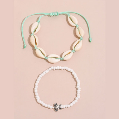 2 bucăți Bohe etnic frânghie împletită lanț de mărgele de orez set de glezne pentru femei, fete, broasca țestoasă, lanț pentru picioare, gleznă de plajă, bijuterii