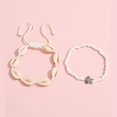 2 bucăți Bohe etnic frânghie împletită lanț de mărgele de orez set de glezne pentru femei, fete, broasca țestoasă, lanț pentru picioare, gleznă de plajă, bijuterii