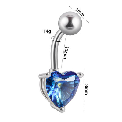 1Pc kristalni piercing za pupak od kirurškog čelika, četvrtasto srce, cirkon, prstenovi za pupak, uho, lažni čep, ekspander, naušnice