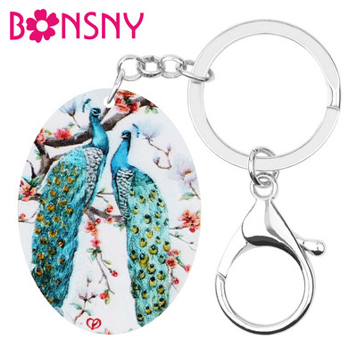 Bonsny Acrilic Oval Păun Breloc Păun Lung Pene Pasăre Animal Breloc Bijuterii Pentru Femei Fată Cadouri la modă Accesoriu pentru geantă