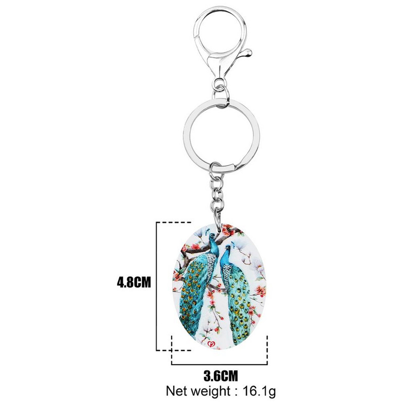 Bonsny Akrilni ovalni paun Paun Privjesci za ključeve Dugo perje Ptica Životinja Privjesak za ključeve Nakit za žene Djevojke Trendy Poklon torba Dodatak