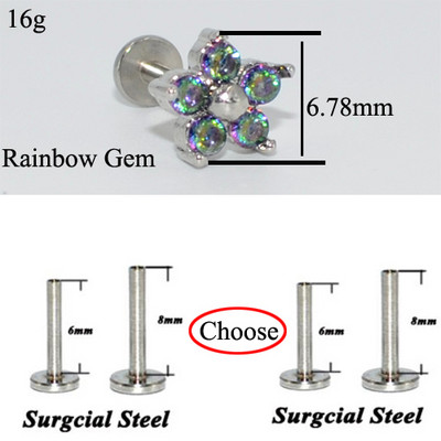 Drealee 1PC opal kubični cirkon cvijet cvijet čelik s unutarnjim navojem & G23 šipka uho tragus hrskavica spirala naušnica piercing