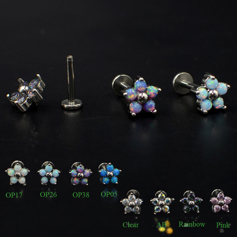 Drealee 1PC opal kubični cirkon cvijet cvijet čelik s unutarnjim navojem & G23 šipka uho tragus hrskavica spirala naušnica piercing
