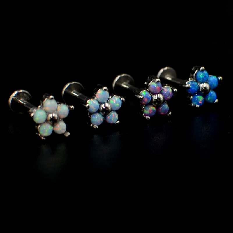 Drealee 1PC opal kubični cirkon cvijet cvijet čelik s unutarnjim navojem & G23 šipka uho tragus hrskavica spirala naušnica piercing