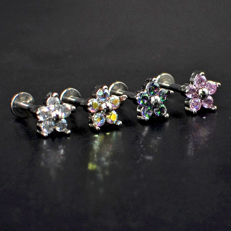 Drealee 1PC opal kubični cirkon cvijet cvijet čelik s unutarnjim navojem & G23 šipka uho tragus hrskavica spirala naušnica piercing