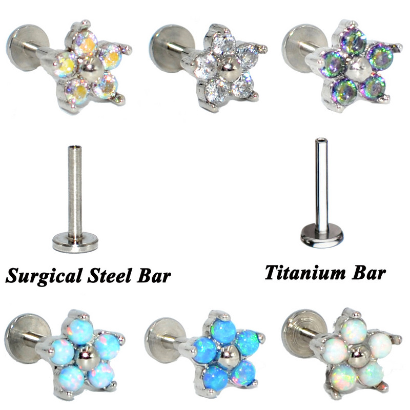 Drealee 1PC opal kubični cirkon cvijet cvijet čelik s unutarnjim navojem & G23 šipka uho tragus hrskavica spirala naušnica piercing