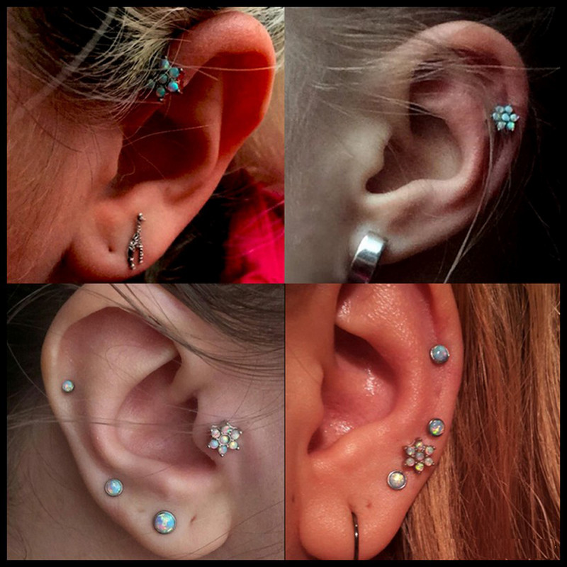 Drealee 1PC opal kubični cirkon cvijet cvijet čelik s unutarnjim navojem & G23 šipka uho tragus hrskavica spirala naušnica piercing