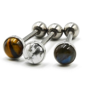 1 τεμάχιο Titanium or Steel Barbell Labradorite Tiger Eye White Line Stone Tongue Barbell Ring Body Piercing Tougue Bar Jewelry