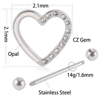 2 ΤΕΜ από ανοξείδωτο ατσάλι Heart Shield Θηλή Piercing Bar Jewelry Δαχτυλίδι θηλής Barbell with Opal Gem 14G Γυναικεία κοσμήματα σώματος