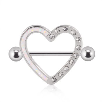 2 ΤΕΜ από ανοξείδωτο ατσάλι Heart Shield Θηλή Piercing Bar Jewelry Δαχτυλίδι θηλής Barbell with Opal Gem 14G Γυναικεία κοσμήματα σώματος