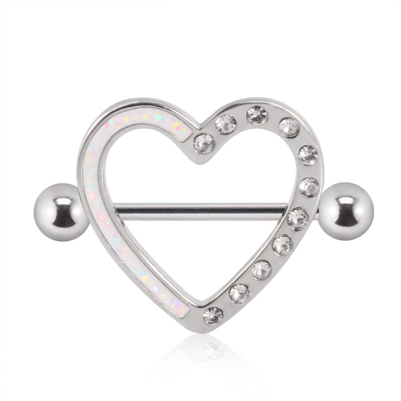 2 KOM. Štitnik za srce od nehrđajućeg čelika Šipka za piercing za bradavice Nakit Prsten za bradavice Uteg s opalnim draguljem 14G Ženski nakit za tijelo