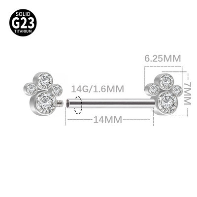 1db G23 titán mellbimbógyűrűk belső menetes 2 háromgyöngy fürt 3-CZ kő mellbimbós súlyzó piercing női test ékszer 14g