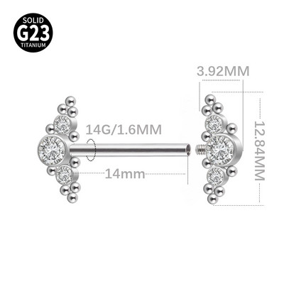 1db G23 titán mellbimbógyűrűk belső menetes 2 háromgyöngy fürt 3-CZ kő mellbimbós súlyzó piercing női test ékszer 14g