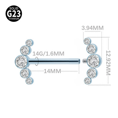 1db G23 titán mellbimbógyűrűk belső menetes 2 háromgyöngy fürt 3-CZ kő mellbimbós súlyzó piercing női test ékszer 14g