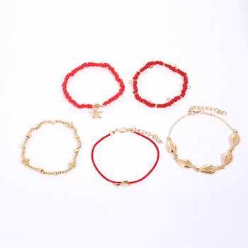 docona 5 бр Boho Shell Red Beaded Glezen Set за жени Многопластова морска звезда Кристални висулки Вериги за крака Дамски плажни бижута 8801