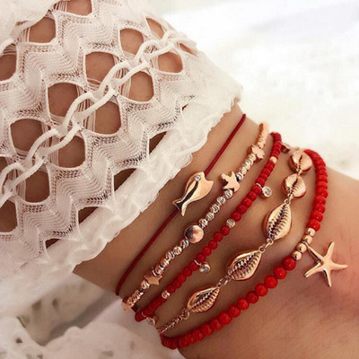 docona 5db Boho Shell piros gyöngyös bokalánc szett női többrétegű Starfish kristály medál lábláncok női strandékszer 8801