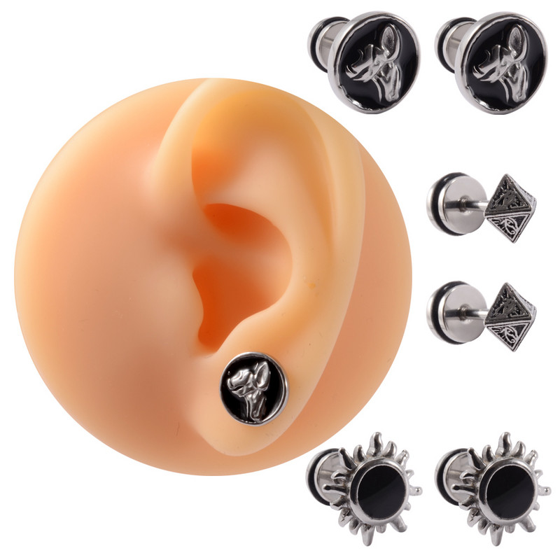2Pcs kirurški čelični muški klin za uho Sun Cross Dizajn Lažni Plug Expander Lobe Naušnice Cheater Piercing Gauge Stretchers Nakit