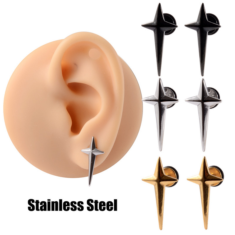 2Pcs kirurški čelični muški klin za uho Sun Cross Dizajn Lažni Plug Expander Lobe Naušnice Cheater Piercing Gauge Stretchers Nakit
