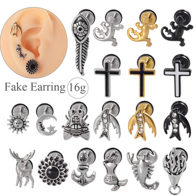 1 τμχ Fake σκουλαρίκια από ανοξείδωτο χάλυβα Punk Lizard Reindeer Ear Tragus Cartilage Stud Moon & Sun Lobe Unisex Helix Piercing 16g