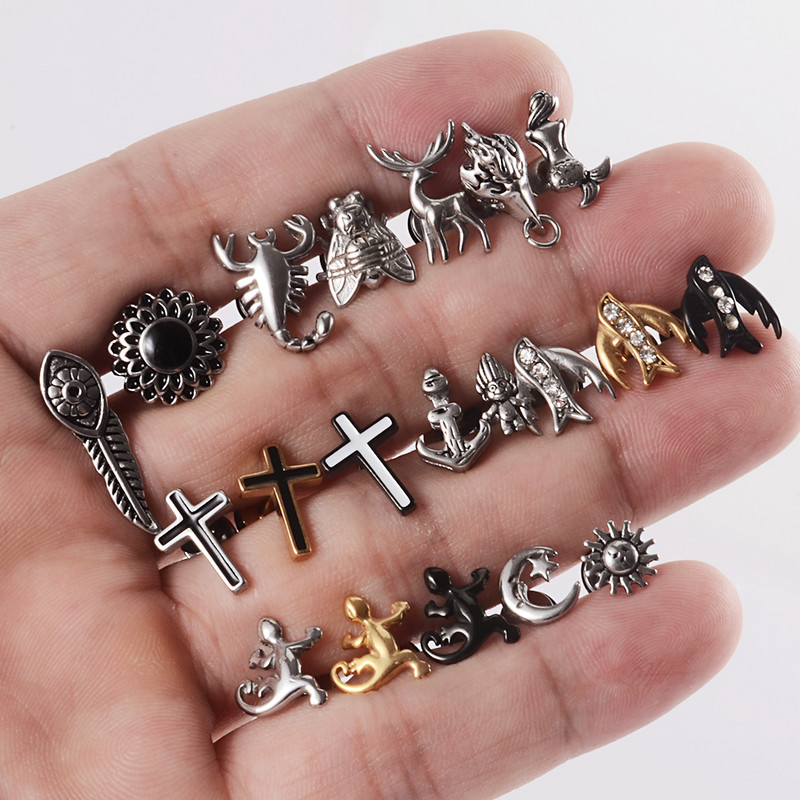 1db Rozsdamentes acél hamis fülbevaló Punk Gyík Rénszarvas Fül Tragus Porc Stud Moon & Sun Lobe Unisex Helix Piercing 16g