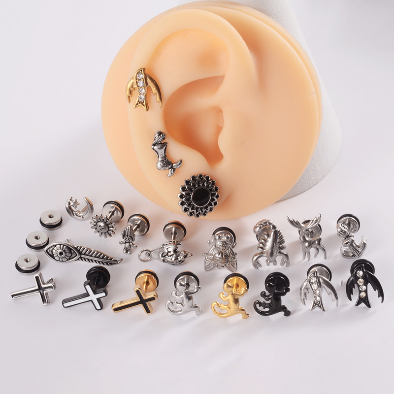 1db Rozsdamentes acél hamis fülbevaló Punk Gyík Rénszarvas Fül Tragus Porc Stud Moon & Sun Lobe Unisex Helix Piercing 16g