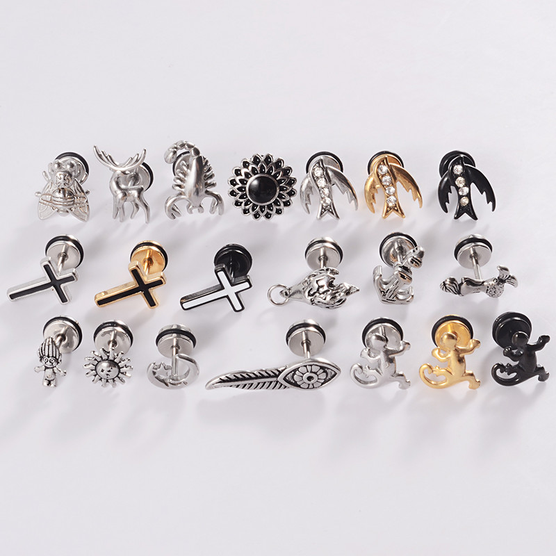 1db Rozsdamentes acél hamis fülbevaló Punk Gyík Rénszarvas Fül Tragus Porc Stud Moon & Sun Lobe Unisex Helix Piercing 16g