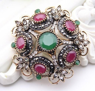 Broșă cu flori antice turcești pentru femei, rășină, retro, culoare aurie, broșe rotunde, stea, broșe, ace de bijuterii etnice de mireasă