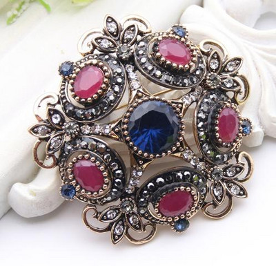 Broșă cu flori antice turcești pentru femei, rășină, retro, culoare aurie, broșe rotunde, stea, broșe, ace de bijuterii etnice de mireasă