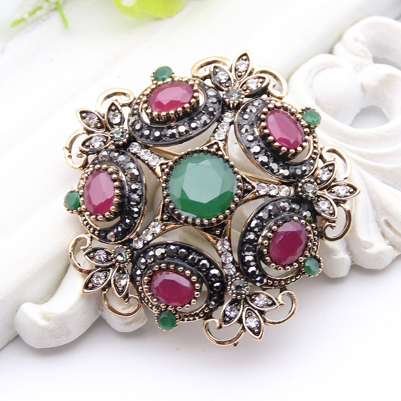 Broșă cu flori antice turcești pentru femei, rășină, retro, culoare aurie, broșe rotunde, stea, broșe, ace de bijuterii etnice de mireasă