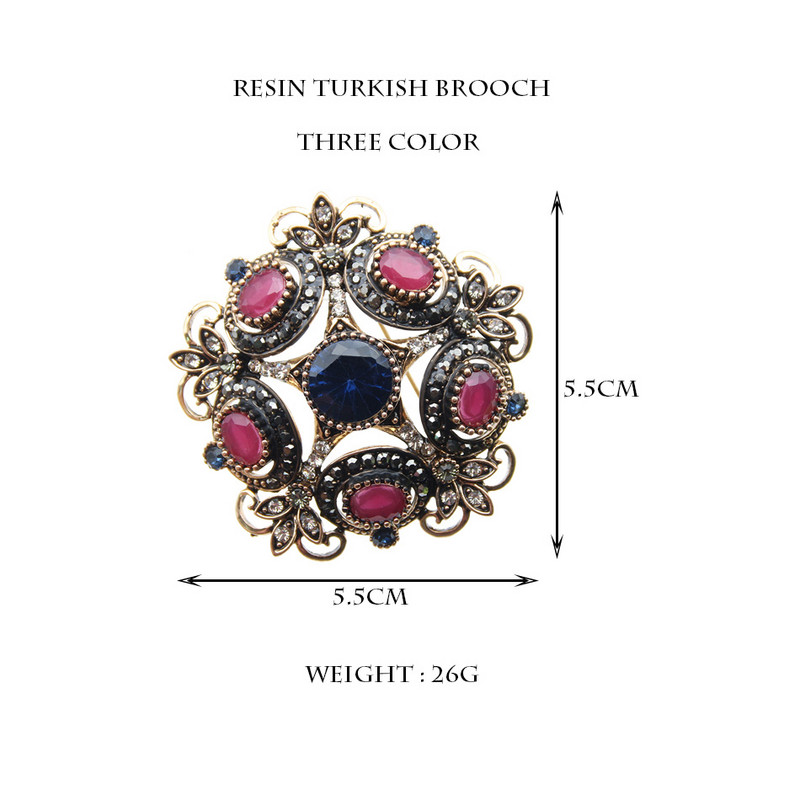 Broșă cu flori antice turcești pentru femei, rășină, retro, culoare aurie, broșe rotunde, stea, broșe, ace de bijuterii etnice de mireasă